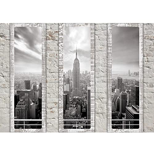 Runa Art Papel tapiz fotográfico 396 x 280 cm Ventanas con vistas a Nueva York | Lana Decoración De Pared Sala Cuarto | Fabricación alemana | Negro y blanco 9152012c