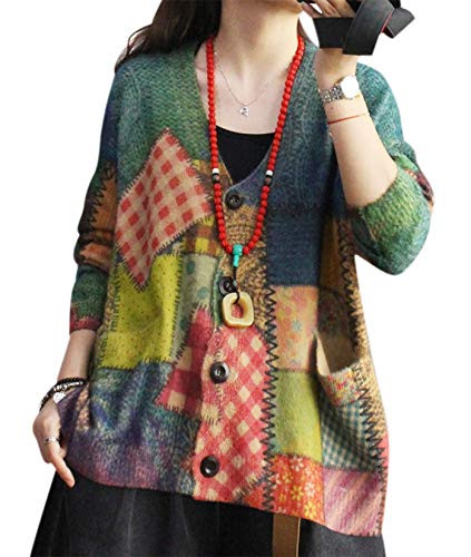 Image of YESNO Women Cardigans Knitted Graphic Long Sleeve Jumpers V-Neck Button Sweaters Tops with Pockets L S01TYP3UK CR100