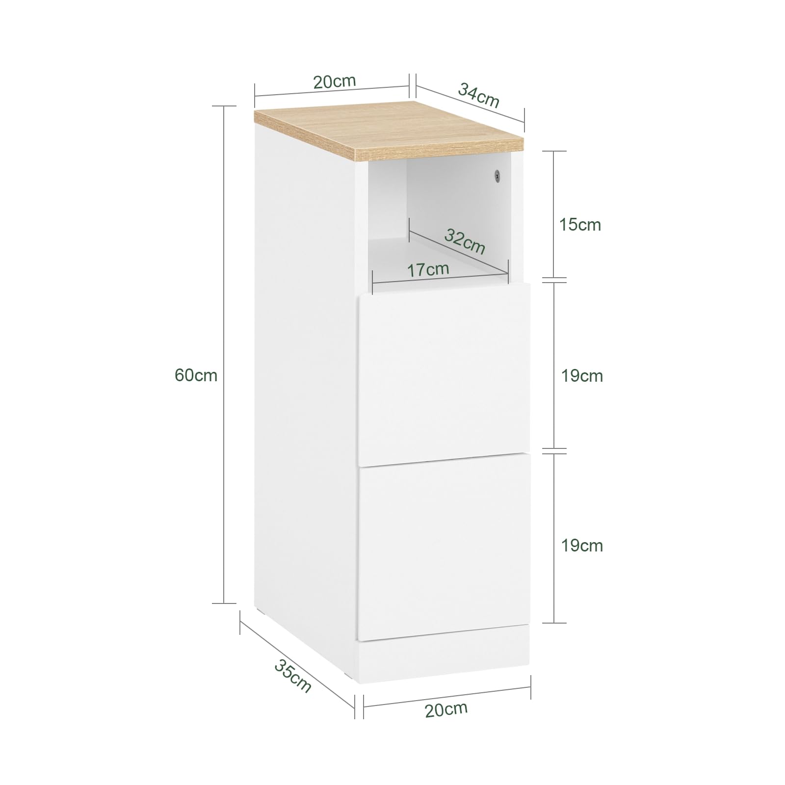 SoBuy Nachttisch schmal 20cm, Nachtschrank & Beistelltisch mit 2 Schubladen, Platzsparendes Möbelstück für Schlafzimmer & Nischen, Ideal für Mieter & Boxspringbett, Weiß, 20x35x60 cm, FBT149-WN