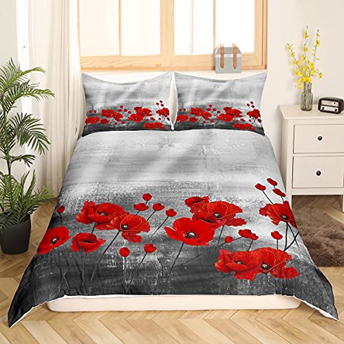 Homemissing Coquelicot Rouge Imprimer Housse de Couette 220x240cm Aquarelle Floral Art Parure de Lit Ensemble Femmes Fille Romantique Plante Nature Ensemble de...