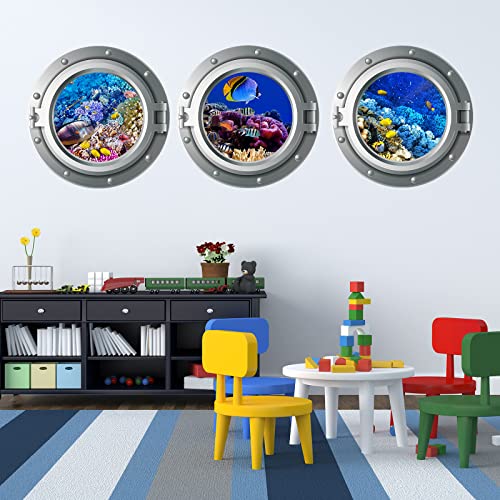Rajahubri 3 Pcs Undersea World Ocean Animals Wall Stickers Colorful Coral and Ocean Fish Fake Window Wall Decals 3D Removable Porthole Ocean Landscape Wall Stickers Decal for Living Room