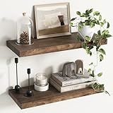 Rustic Elm Wood Floating Shelves for Wall, Flat Edge 24"W x 9.3"D x 1.5"H, Set of 2 with Invisible Bracket, Wall Mounted Storage Shelves for Living Room Bedroom Kitchen Bathroom Decor, Walnut Finish -  Venusmiles Inc.
