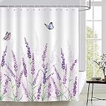 Bonhause Lavender Shower Curtain, Purple Floral Butterfly Bathroom Decor 72x72 Inch Polyester Fabric Waterproof Bath Curtain with 12 Hooks | Lilac Floral Butterfly Spring Bathroom Decor, 100% Polyester, Quick-dry, 12 Hooks Includes