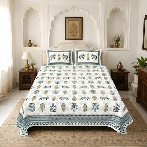 Image of 240 TC 100% Cotton Bedsheet for Double Bed King Size with 2 Pillow Covers | Breathable & Super Soft Rajasthani Sanganeri Jaipuri Printed Bed Sheet -100 * 108 Inches (Jaipuri Elephant 1)