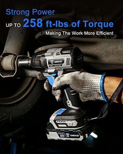 Dekopro Cordless Impact Wrench 1/2Inch,20V Power Impact Wrench, Powerful Brushless Motor, 3-Variable Speed, Max Torque 258 Ft-Lbs (350N.m), 2X2.0A Li-Ion Battery, 1 Hour Fast Charger And Tool Bag #TOP2