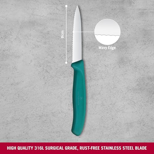 Image of Victorinox Swiss Made, Stainless Steel Swiss Classic Paring Knife, 8 cm, Wavy Edge with Pointed Tip, Professional and Household Use, Kitchen Tools & Items, Green, 6.7634.C1 | Multipurpose Knife