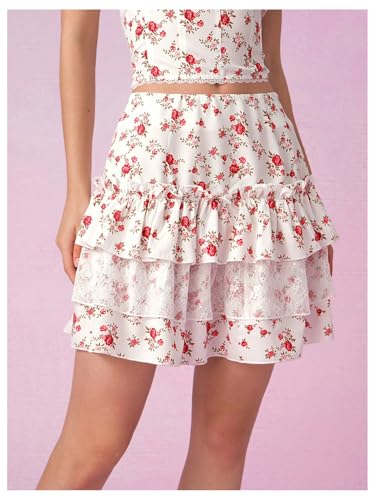 MakeMeChic Women's Floral Print Lace Trim Skirt Tiered Ruffle Hem Short Skirts4