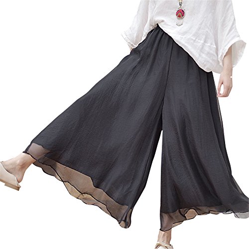Frauen Hosenrock Solide Chiffon Tie-Taille RüSche Palazzo Langer Rock Hose Culottes Schwarz Frauen Hosenrock Solide Chiffon Tie-Taille RüSche Palazzo Langer Rock Hose Culottes Schwarz