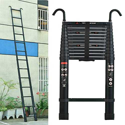 Telescopic Ladder with Hooks 5M/16.4Ft, Aluminium Telescoping Extension Step Ladder Portable Folding Multi-Purpose Compact Tall Straight Ladder with Spring Load Locking Mechanism Non-Slip