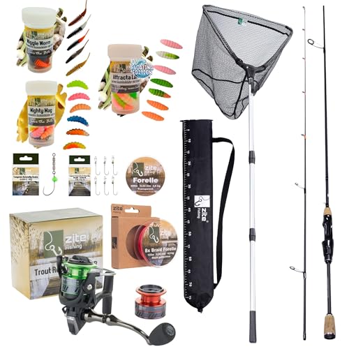 Zite Fishing UL Forellen Angelset | Solid Strike 200 cm Rute mit Trout Reel 1000 Spinnrolle | Gummiköder | Tungsten Rigs & Jighaken | 8X Geflochtene Schnur | Kescher Gummiert