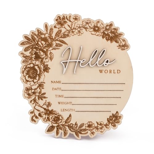 Image of Baby Name Announcement Sign - Floral Wooden Hello World Plaque for Newborn Photo Prop