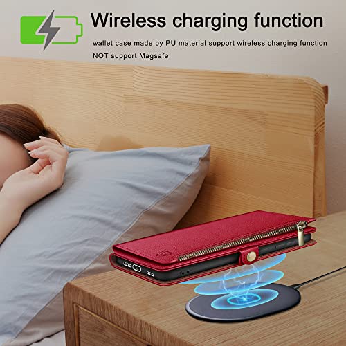 Image of XcaseBar Compatible with Samsung Galaxy S25 Wallet case with Zipper Credit Card Holder【RFID Blocking】,Flip Folio Book PU Leather Phone case Shockproof Cover Women Men for Samsung S25 case Red