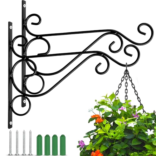 Preimum Black Plant Wall Mount Hanging Brackets Hooks Plant Basket Hanger Holder 10 Inches Indoor Outdoor Metal Brackets with Screws Garden Baskets Hanging Planters Lantern Wind Chimes(2PACK)