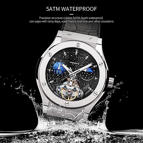 Automatic Watches for Men, Skeleton Watches for Men Analog Tourbillon Watch Starry Sky Dial 12-Hour Small Dial Moon Phase Mechanical Watch Blue Leather Strap