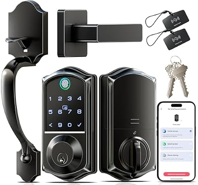Veise VE017-H Fingerprint Smart Front Door Lock Set, App Control, Keyless Entry Deadbolt with Handle, Smart Deadbolt, Emergency Power Port, Touchscreen Keypad, Auto Lock, Easy Install, Matte Black
