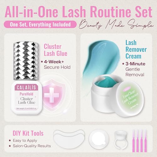 Image of CALAILIS Lash Cluster Glue & Lash Remover Kit, Extra Strong Hold Long Lasting 4+ Weeks Cluster Eyelash Glue, Low Irritation Gentle Aloe Eyelash Remover Cream for Professional Use