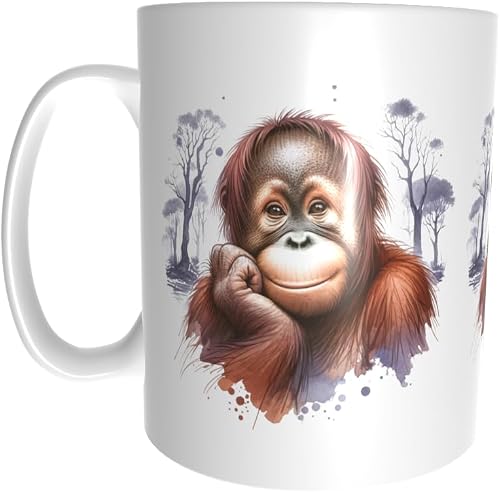 Pandok White Ceramic Mug - Animals - Wildlife : Smiling Orangutang In Watercolour - Single Mug