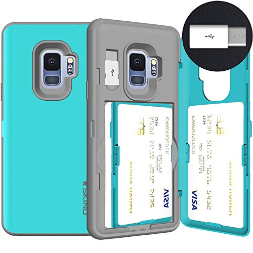 Galaxy S9, SKINU [Galaxy S9 Wallet Case] Galaxy S9 Charger Dual Layer Hidden Credit [S9 Card Case] Holder ID Slot Card Case with Inner USB Type C Adapter and Mirror for Galaxy S9 (2018) - Teal