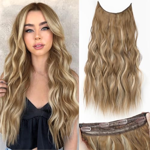 KooKaStyle Invisible Wire Ash Medium Brown Mix Bleach Blonde Hair Extensions with Transparent Wire Adjustable Size 4 Secure Clips 20 Inch Long Wavy Secret Hairpiece