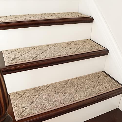 COSY HOMEER Edging Stair Treads Non-Slip Carpet Mat 28inX9in Indoor Stair Runners for Wooden Steps,Edging Stair Rugs for Kids and Dogs, 100% Polyester TPE Backing 4pcs,Beige