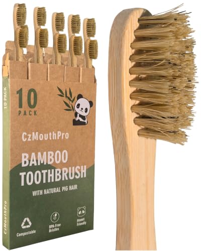 CzMouthPro Boar Bristle Bamboo Toothbrushes 10 Pk Compostable Plastic