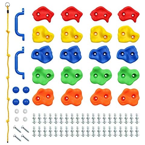 Rainbow Craft DIY Monkey Rock Climbing Holds for Kids - Wall Climbing Rocks of 20pc Rock Wall Holds, 2pc Handles & 1pc 8ft Knotted Climbing Rope - Kids Rock Climbing Holds Rock Wall Climbing Kit Cover