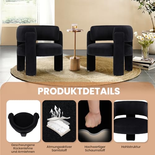 COLAMY Modern Velvet Ohrensessel 2er Set, Gepolsterter Sessel Wohnzimmer, Bequemer Runder loungesessel mit 3 Beinen für Wohnzimmer, Schlafzimmer, Leseecke, Schwarz