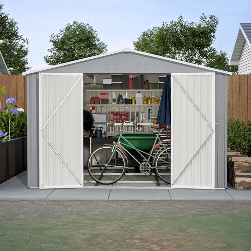 YOPTO 10x12 FT Outdoor Storage Shed with Floor Frame Kit,Metal Shed W/Double Lockable Doors,Garden Tool Storage House W/ 4 Air Vents & Sloped Roof,for Backyard,Patio,Lawn,Gray by YOPTO - Image 5