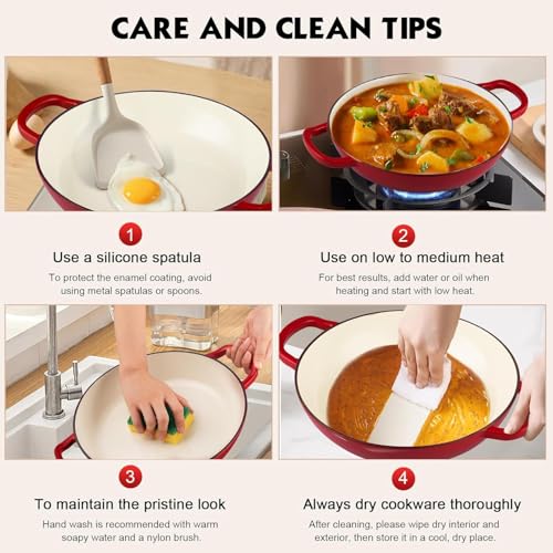 قدر هولندي من الحديد الزهر المطلي بالمينا من تي إن تي أي أي إتش إل - وعاء فرن هولندي سعة 3.8 كوارت مع غطاء - مقلاة طهي ضحلة - قدر فرن هولندي مع كتاب طبخ وأغطية مقاومة للحرارة - آمن للاستخدام في الفرن