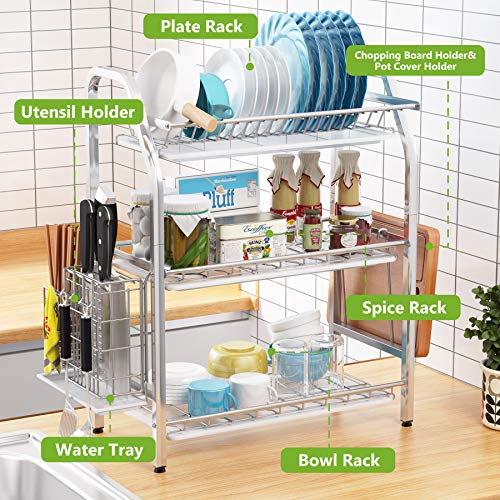 Dish Drying Rack, 1Easylife 3 Tier Dish Rack Stainless Steel with Utensil Knife Holder and Cutting Board Holder Dish Drainer with Removable Drain Board for Kitchen Counter Organizer Storage (Silver) - Thumbnail 5