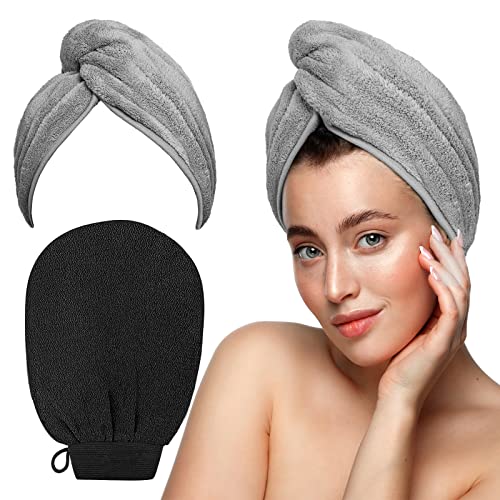 【2 In 1】Microfiber Hair Towel And Exfoliating Glove Set,【Super Absorbort】Hair Towel For Women Wet Hair, Deep Exfoliating Body Scrubber For Healthy Skin Korean Exfoliating Mitt, Skin Body Exfoliator #TOP6