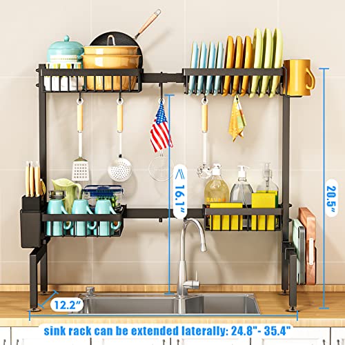 Arstpeoe Over Sink Dish Drying Rack【2-Tier 4 Baskets 】,Fits All Sinks (From 24.8" To 35.4"), 2-Tier Adjustable Sink Rack (One More Than Others) Dishes Rack Kitchen Storage Organizer Space Saving #TOP1
