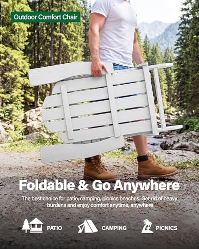 MXIMU Adirondack Stuhl für Outdoor Garten: Wetterfest Adirondack Chair Kunststoff HIPS für Outdoor Stuhl - Ergonomisch Adirondack Gartenstuhl Klappbar für Balkon/Terrasse/Feuerstelle/Beach(Weiß)