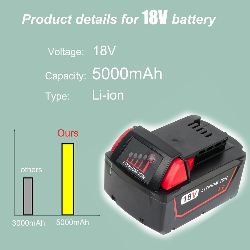 VOLT1799 2-Pack 5.0Ah 18V M-18 Batteries 48-11-1850 Replacement Mliwaukee M18 Battery, Compatible with 18V Cordless Power Tools