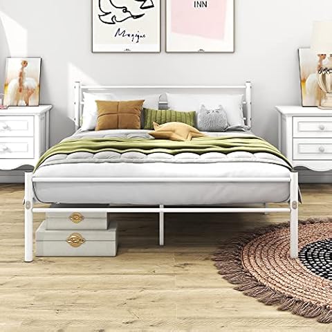 Diahomy Double Bed Frames Metal Platform Bed Frame with Headboard and Footboard/Heavy Duty/Mattress Foundation/Under Bed Storage/White Cover