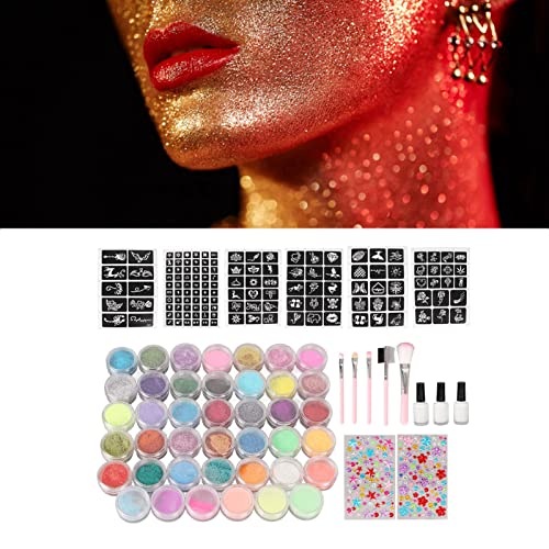 Kits de Glitter de Maquiagem, Kit de Tatuagem de Glitter de 35 Cores Com 6 Estênceis, 5 Pincéis para