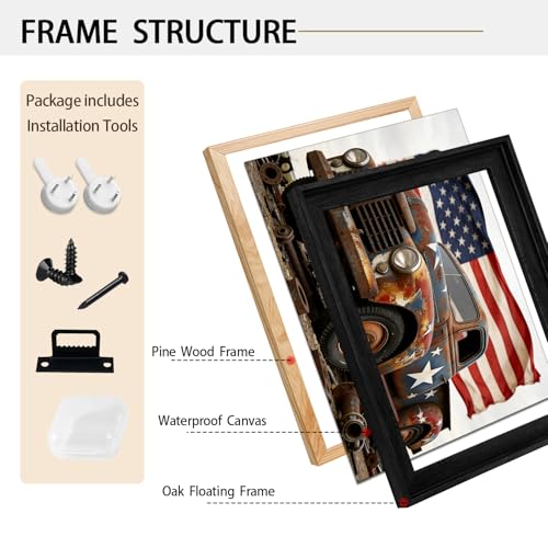 Image of American Flag Framed Canvas Wall Art, 4th of July Canvas Prints, USA Flag with Truck Patriotic Decorations, Vintage Independence Day Wall Decor for Bedroom Living Room Dining Room Office 24x32