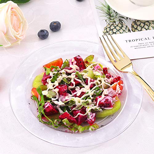 Bucla 200Pcs Clear Plastic Plates And Gold Plastic Forks-7.5Inch Disposable Salad/Dessert Plates- Premium Hard Plastic Appetizer Plates For Weddings& Parties #TOP1