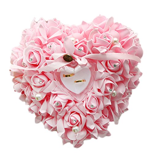 Zentto Coussin rose en forme de cœur pour bague de mariage avec motif floral en satin 24 x 22 cm (1 pièce), rose, 24 x 22 cm