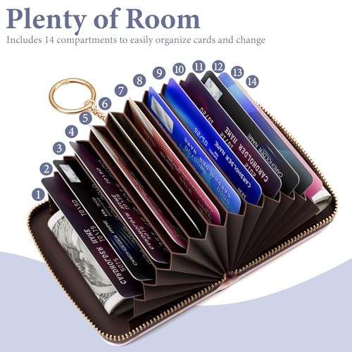 Image of Credit Card Holder RFID Wallet for Women, Small Leather Card Organizer Case with Zipper and Keychain, Red Marble