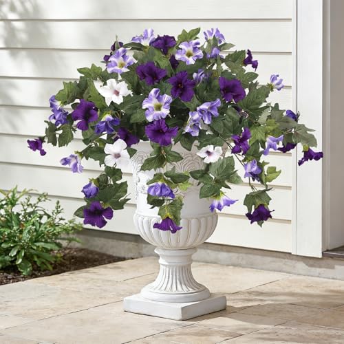 Hupiosy 2PCS Artificial Flowers for Outdoor 27.5in Fake Hanging Petunias UV Resistant Faux Silk Trailing Plants for Spring Summer Basket Planter Window Box Home Porch Garden Balcony Decor (Purple)
