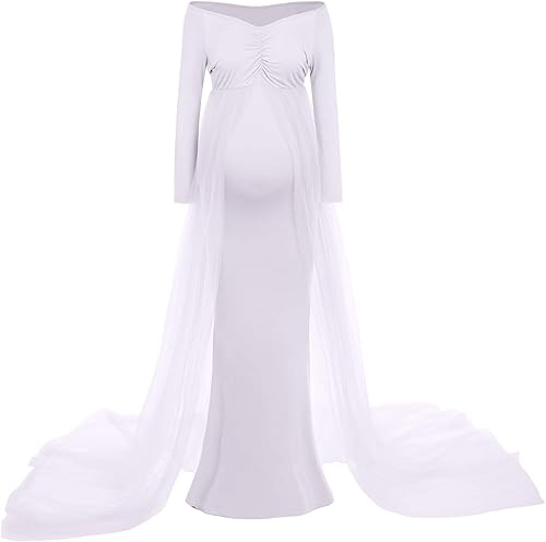 Miniatura 2 de Vestido de maternidad maxi de manga larga con hombros descubiertos para mujer, vestido de fotografía de tul para boda estilo sirena para sesión de