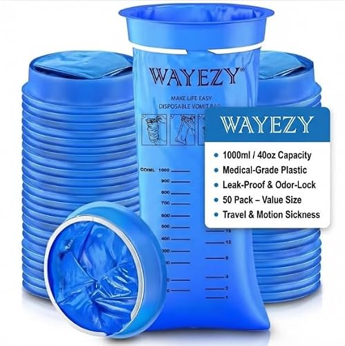 WAYEZY Vomit Bags Disposable 50 Pack (1000ml) – Medical Grade Emesis Bags for Travel, Motion Sickness, Morning Sickness & Kids – Leak-Proof, Odor-Blocking, Portable Throw Up Bag