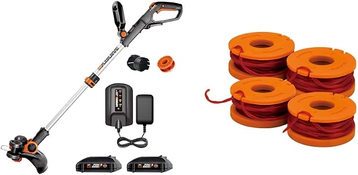 Worx WG163 GT 3.0 20V PowerShare 12 Cordless String Trimmer & Edger (Battery & Charger Included) and WA0047 4-Pack String Trimmer Replacement Line, Orange
