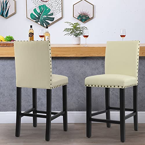 Gotminsi Nailhead 24 Inches Counter Height Stools Upholstered Bar Stools With Solid Wood Legs, Set Of 2 (Beige) #TOP5