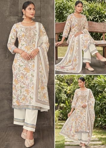Image of Bitra Women's Cotton Satin Unstitched Salwar Suit Dress Material with Floral Print & Dupatta for Women | Salwar Kameez Fabric Set