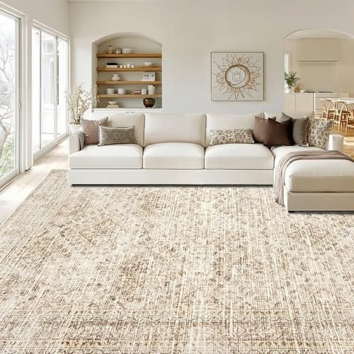 MIULEE 9x12 Vintage Washable Area Rugs Living Room Rug Low Pile Boho Floor Mat for Bedroom Dining Room Under Kitchen Table, Non-Slip Stain Resistant Soft Large Carpet for Home Decor, Neutral Beige