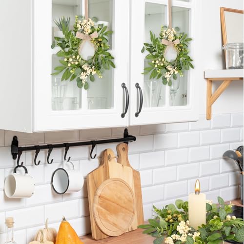 Image of 6 Pcs Green Eucalyptus Candle Rings Wreaths Spring Summer Kitchen Cabinet Wreaths Mini Green Berry Leaves Candle Wreath for Pillars Farmhouse Festival Wedding Celebrations Tabletop Decoration