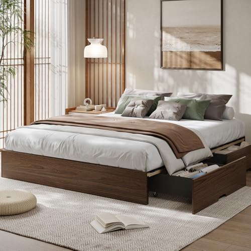 GarveeHome California King Wood Platform Bed Frame with 2 Storage Drawers Wooden Bed Frame Without Headboard Wood Slat Support No Box Spring Needed Easy Assembly