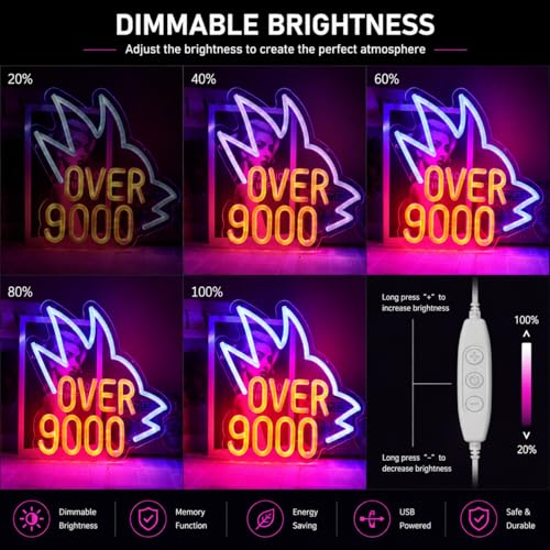 Image of inchOver 9000 inchNeon Sign for Wall Decor, 11.8 inch x 10.6 inch Dimmable USB Japanese Anime LED Light, - Funny Gamer Decor for Bedroom, Game Room, Man Cave, Power Level Gift